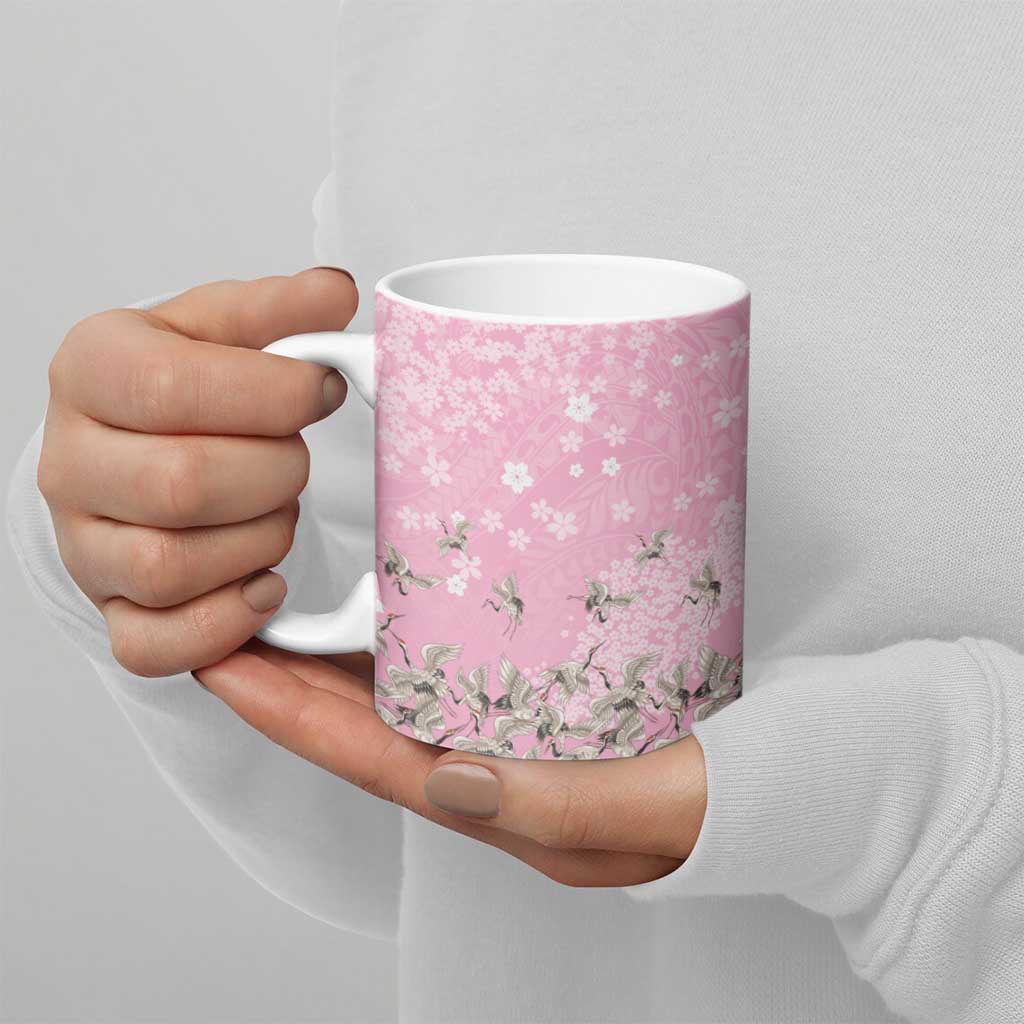Cranes Sakura Floral Pink Pastel Ceramic Mug Hawaii Japan Culture LT01 - Polynesian Pride