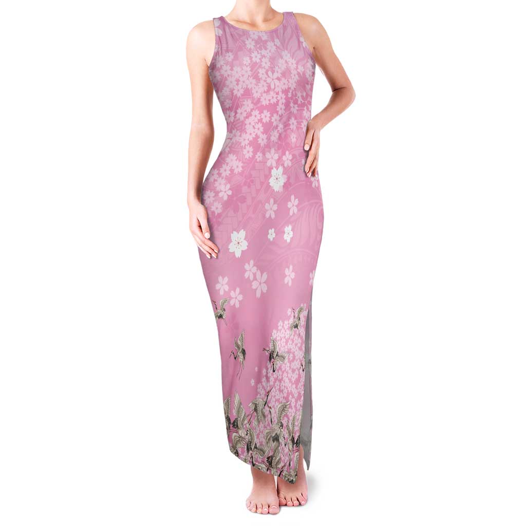 Cranes Sakura Floral Pink Pastel Tank Maxi Dress Hawaii Japan Culture LT01 Women Pink - Polynesian Pride
