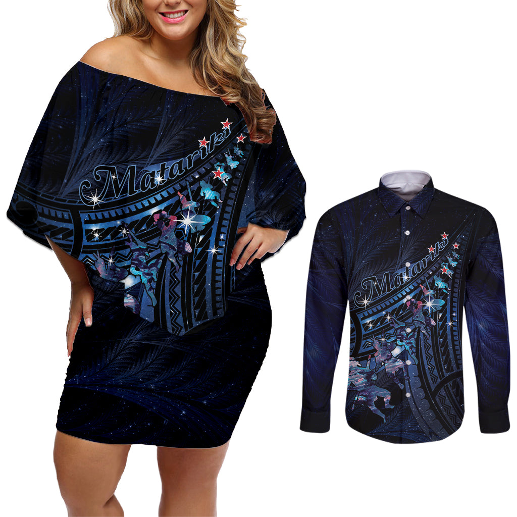 Personalised Matariki Paua Shell New Zealand Couples Matching Off Shoulder Short Dress and Long Sleeve Button Shirt Haka Dance At The Starry Night