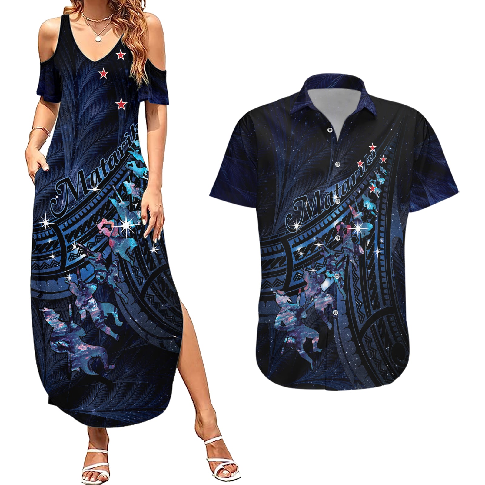 Personalised Matariki Paua Shell New Zealand Couples Matching Summer Maxi Dress and Hawaiian Shirt Haka Dance At The Starry Night