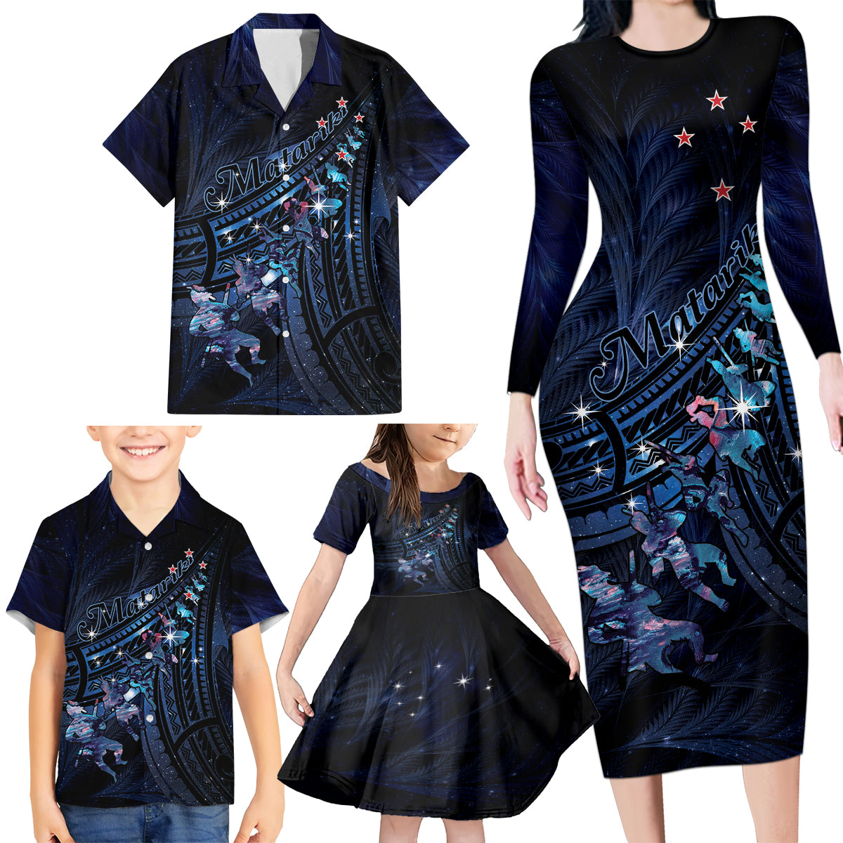 Personalised Matariki Paua Shell New Zealand Family Matching Long Sleeve Bodycon Dress and Hawaiian Shirt Haka Dance At The Starry Night