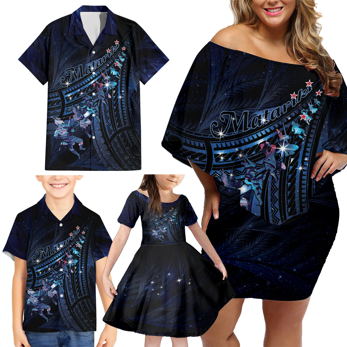 Personalised Matariki Paua Shell New Zealand Family Matching Off Shoulder Short Dress and Hawaiian Shirt Haka Dance At The Starry Night