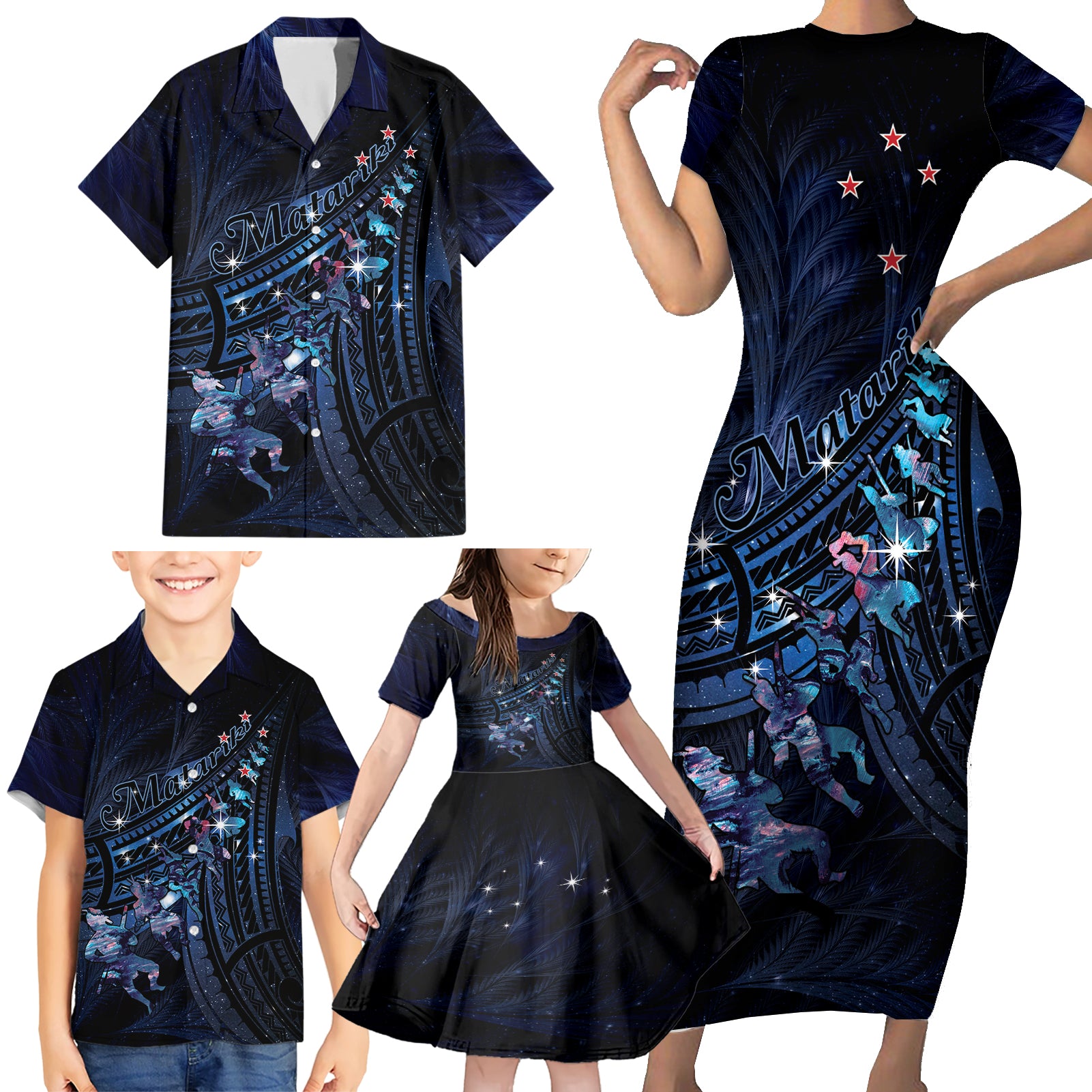 Personalised Matariki Paua Shell New Zealand Family Matching Short Sleeve Bodycon Dress and Hawaiian Shirt Haka Dance At The Starry Night