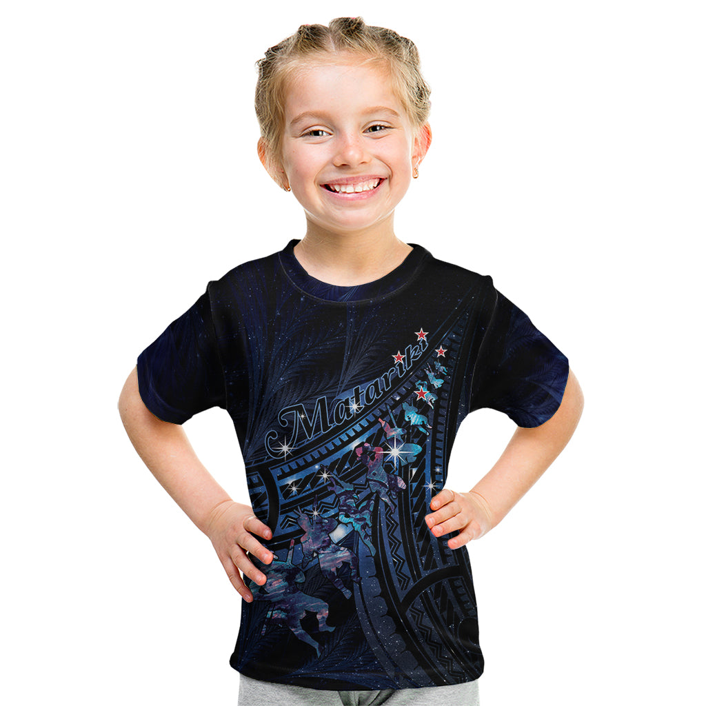 Personalised Matariki Paua Shell New Zealand Kid T Shirt Haka Dance At The Starry Night LT01 Black - Polynesian Pride