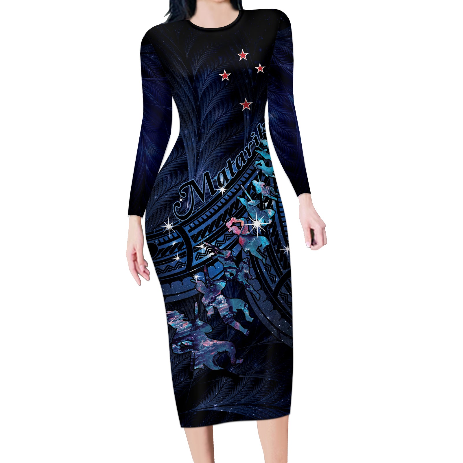 Personalised Matariki Paua Shell New Zealand Long Sleeve Bodycon Dress Haka Dance At The Starry Night