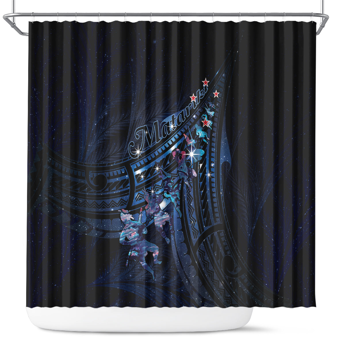 Matariki Paua Shell New Zealand Shower Curtain Haka Dance At The Starry Night LT01 Black - Polynesian Pride