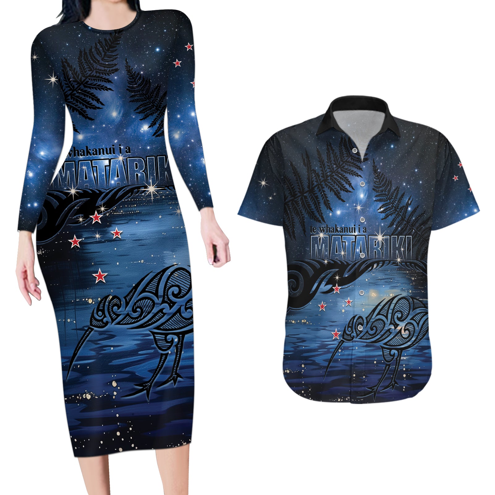 Personalised Matariki Kiwi Couples Matching Long Sleeve Bodycon Dress and Hawaiian Shirt Silver Fern