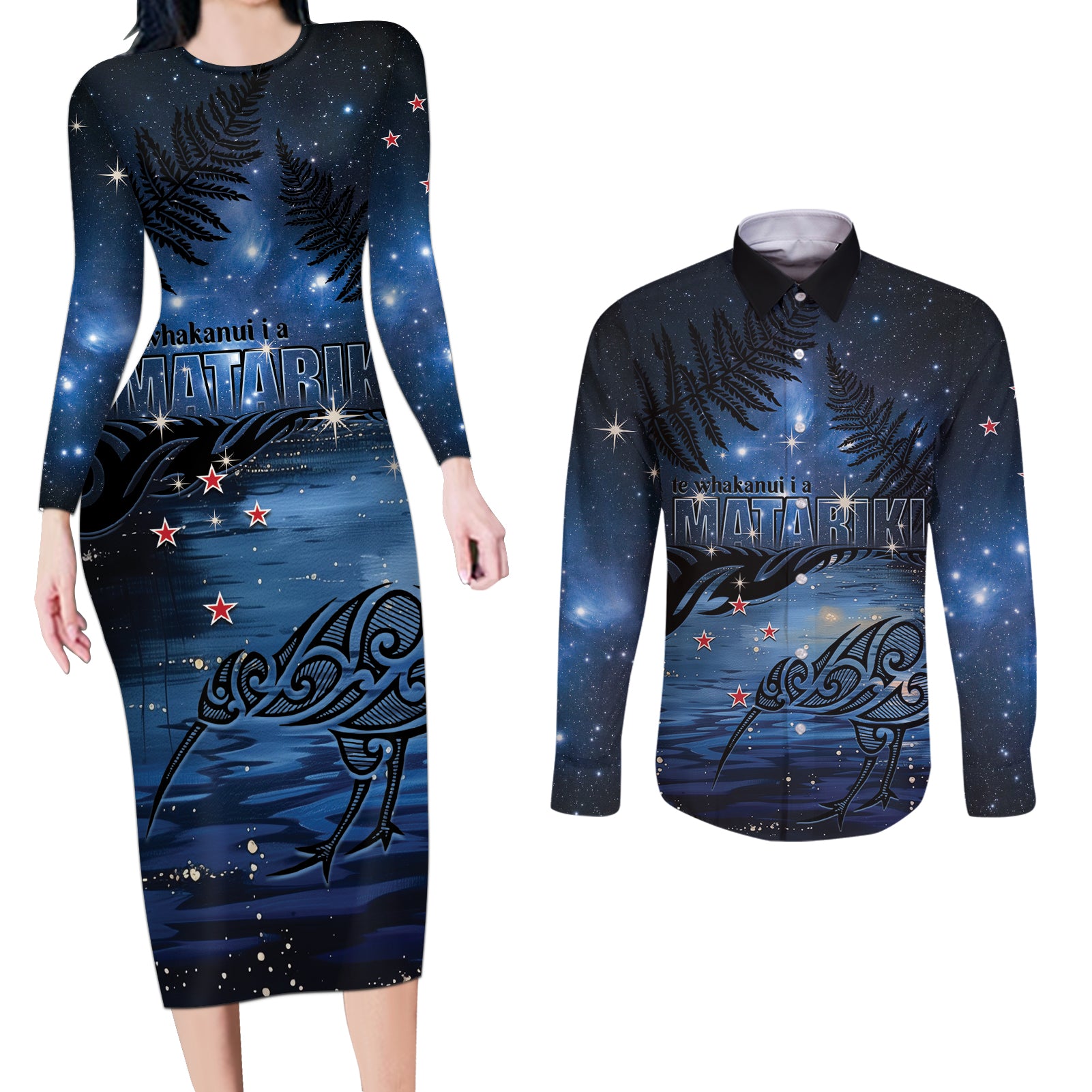 Personalised Matariki Kiwi Couples Matching Long Sleeve Bodycon Dress and Long Sleeve Button Shirt Silver Fern