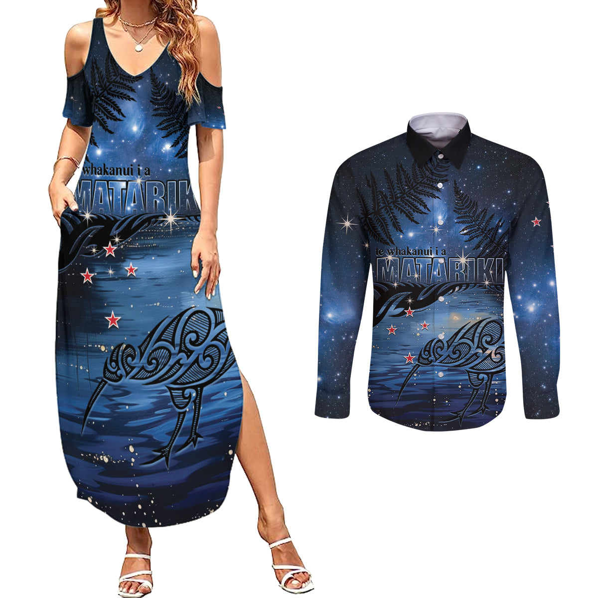 Personalised Matariki Kiwi Couples Matching Summer Maxi Dress and Long Sleeve Button Shirt Silver Fern