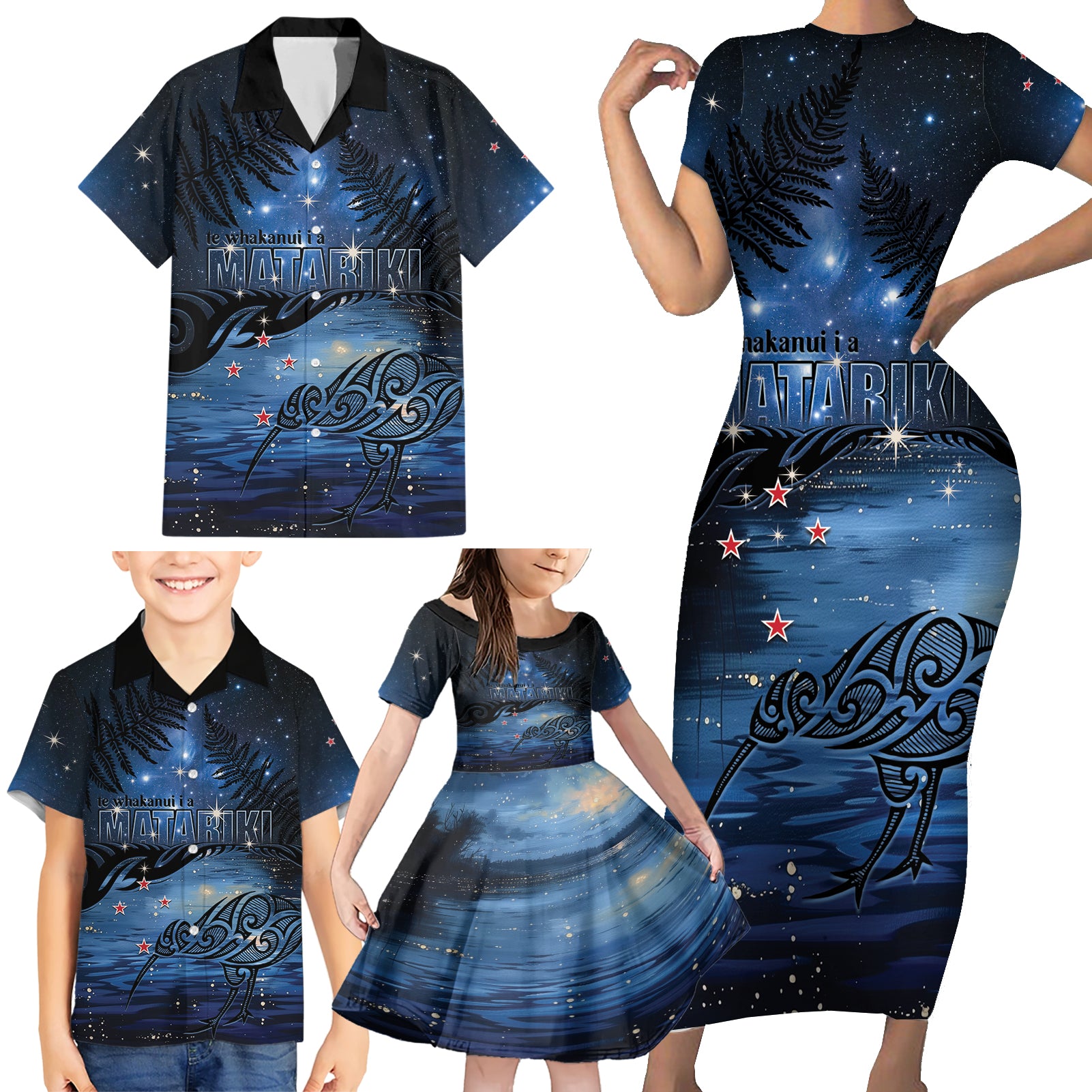 Personalised Matariki Kiwi Family Matching Short Sleeve Bodycon Dress and Hawaiian Shirt Silver Fern