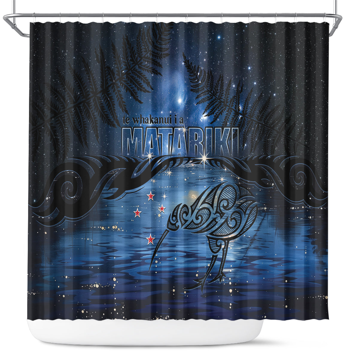Matariki Kiwi Shower Curtain Silver Fern LT01 Black - Polynesian Pride