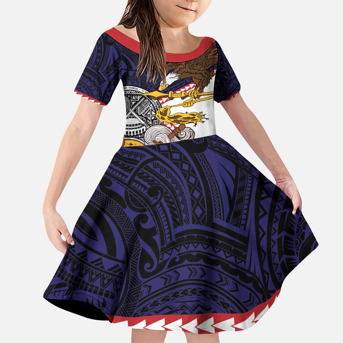 American Samoa Eagle Kava Bowl Kid Short Sleeve Dress Plumeria Polynesian Pattern LT01 KID Black - Polynesian Pride