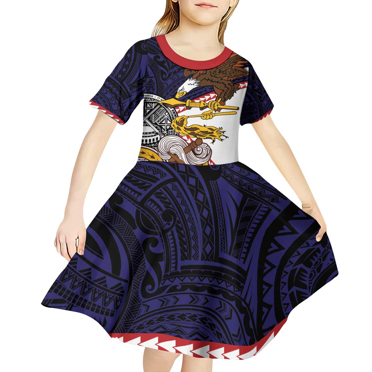 American Samoa Eagle Kava Bowl Kid Short Sleeve Dress Plumeria Polynesian Pattern LT01 - Polynesian Pride