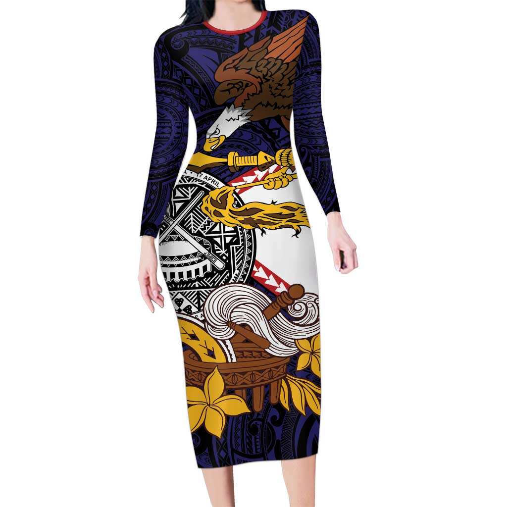 American Samoa Eagle Kava Bowl Long Sleeve Bodycon Dress Plumeria Polynesian Pattern LT01 Long Dress Black - Polynesian Pride