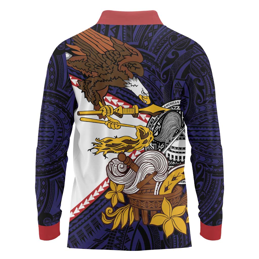 American Samoa Eagle Kava Bowl Long Sleeve Polo Shirt Plumeria Polynesian Pattern LT01 - Polynesian Pride