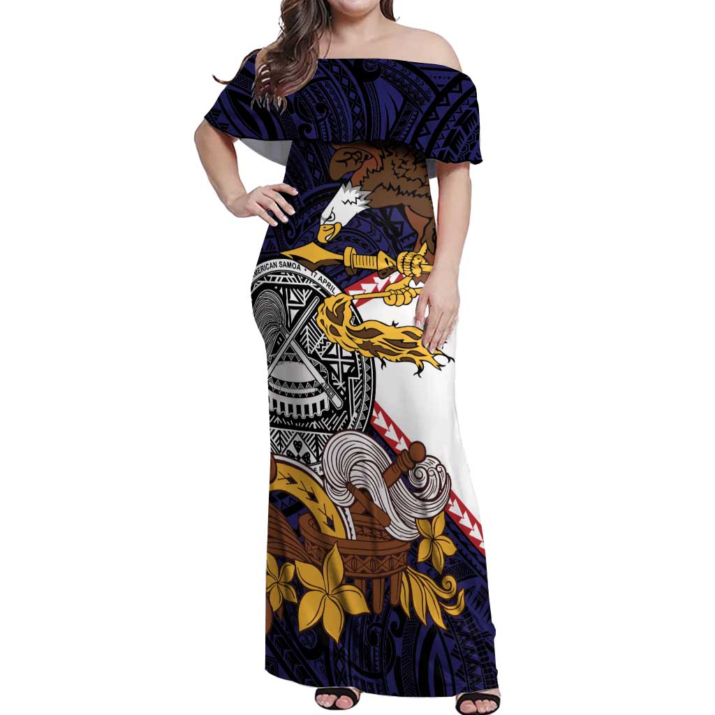 American Samoa Eagle Kava Bowl Off Shoulder Maxi Dress Plumeria Polynesian Pattern LT01 Women Black - Polynesian Pride