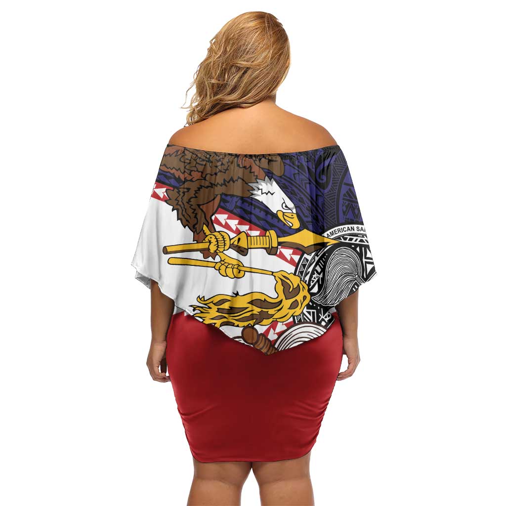 American Samoa Eagle Kava Bowl Off Shoulder Short Dress Plumeria Polynesian Pattern LT01 - Polynesian Pride