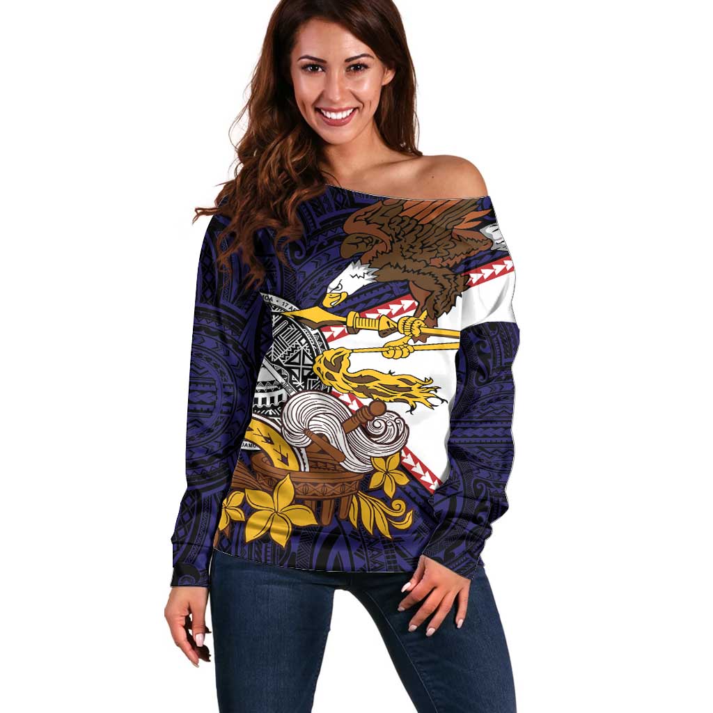 American Samoa Eagle Kava Bowl Off Shoulder Sweater Plumeria Polynesian Pattern LT01 Women Black - Polynesian Pride