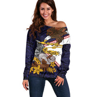 American Samoa Eagle Kava Bowl Off Shoulder Sweater Plumeria Polynesian Pattern LT01 Women Black - Polynesian Pride