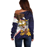 American Samoa Eagle Kava Bowl Off Shoulder Sweater Plumeria Polynesian Pattern LT01 - Polynesian Pride