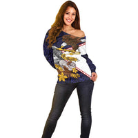 American Samoa Eagle Kava Bowl Off Shoulder Sweater Plumeria Polynesian Pattern LT01 - Polynesian Pride