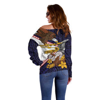 American Samoa Eagle Kava Bowl Off Shoulder Sweater Plumeria Polynesian Pattern LT01 - Polynesian Pride