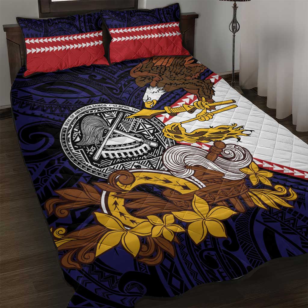 American Samoa Eagle Kava Bowl Quilt Bed Set Plumeria Polynesian Pattern LT01 Black - Polynesian Pride