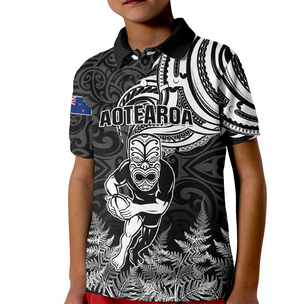 New Zealand Silver Fern Rugby Kid Polo Shirt Maori Tiki Player With Ta Moko Tribal LT01 Kid Black - Polynesian Pride