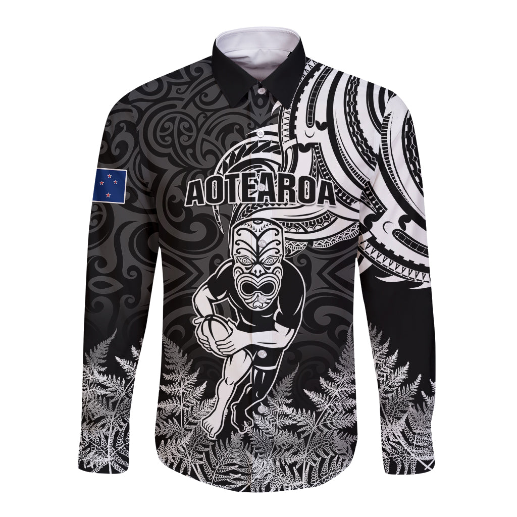 New Zealand Silver Fern Rugby Long Sleeve Button Shirt Maori Tiki Player With Ta Moko Tribal LT01 Unisex Black - Polynesian Pride