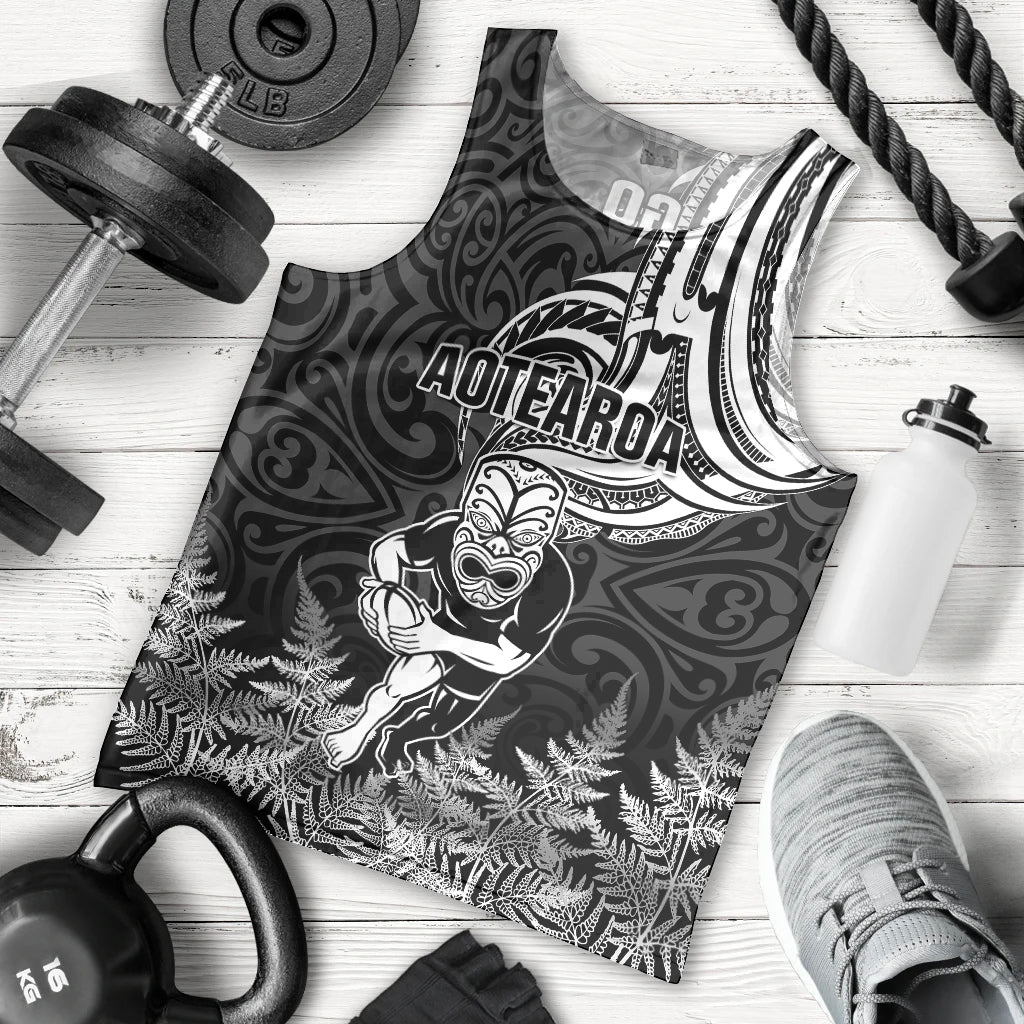 New Zealand Silver Fern Rugby Men Tank Top Maori Tiki Player With Ta Moko Tribal LT01 Black - Polynesian Pride