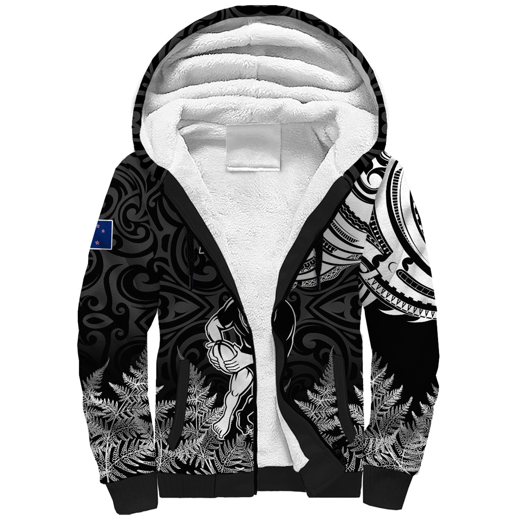 New Zealand Silver Fern Rugby Sherpa Hoodie Maori Tiki Player With Ta Moko Tribal LT01 Unisex Black - Polynesian Pride