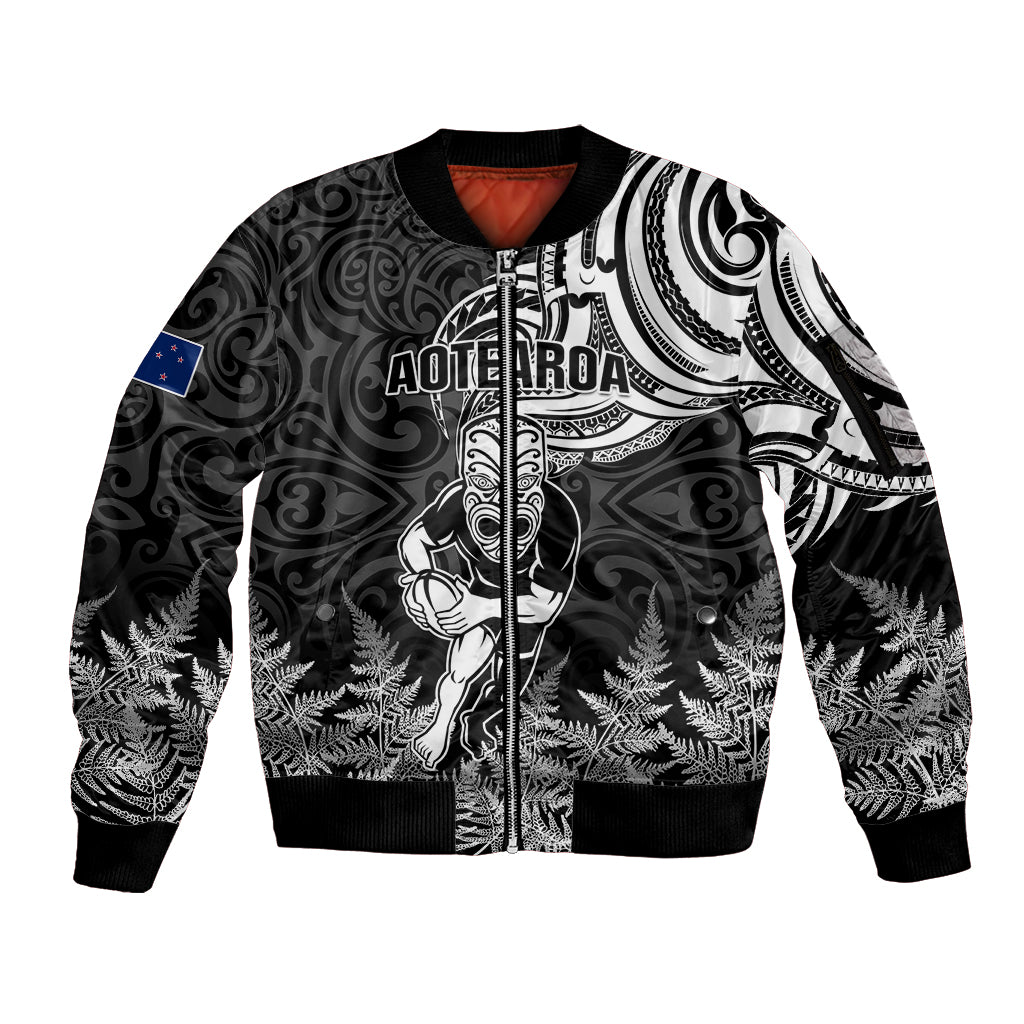 New Zealand Silver Fern Rugby Sleeve Zip Bomber Jacket Maori Tiki Player With Ta Moko Tribal LT01 Unisex Black - Polynesian Pride