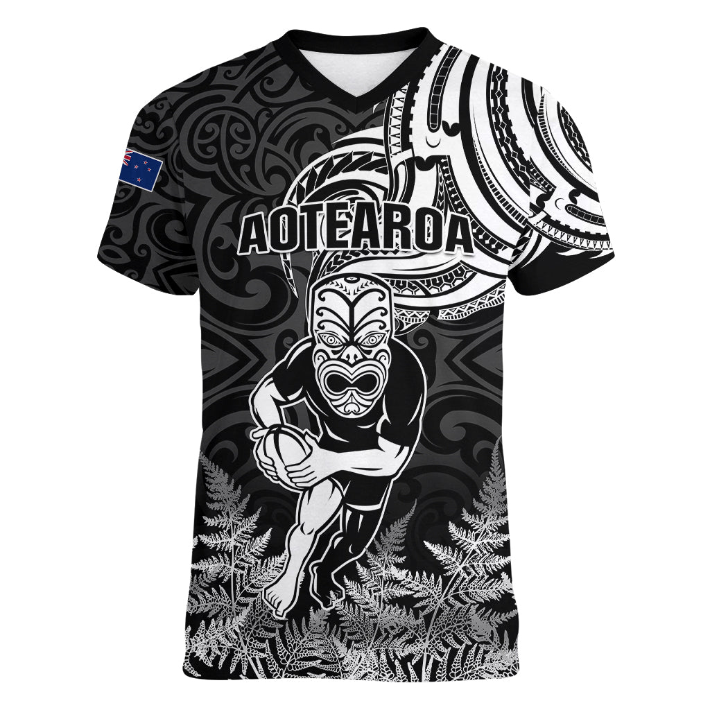 New Zealand Silver Fern Rugby Women V Neck T Shirt Maori Tiki Player With Ta Moko Tribal LT01 Female Black - Polynesian Pride