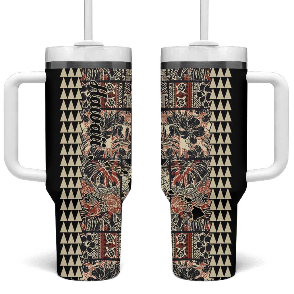 Hawaiian Quilt Tumbler With Handle Hibiscus Kakau Vintage Style LT01 One Size: 40 oz Beige - Polynesian Pride