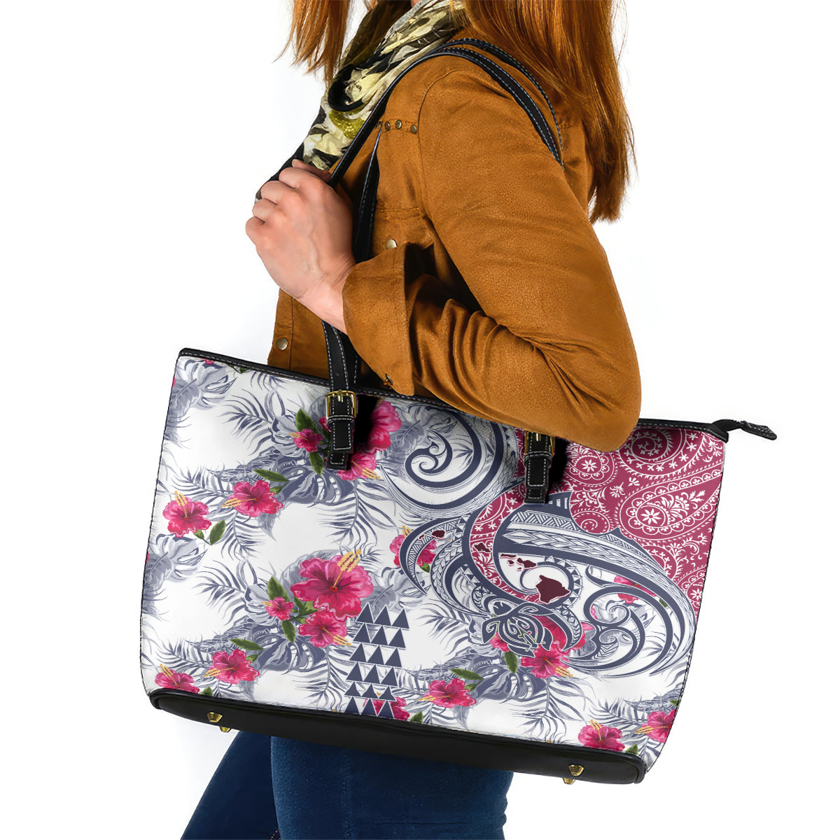 Hawaii Kakau Mix Paisley Pattern Leather Tote Bag Polynesian Tropical Unique Style LT01 White - Polynesian Pride