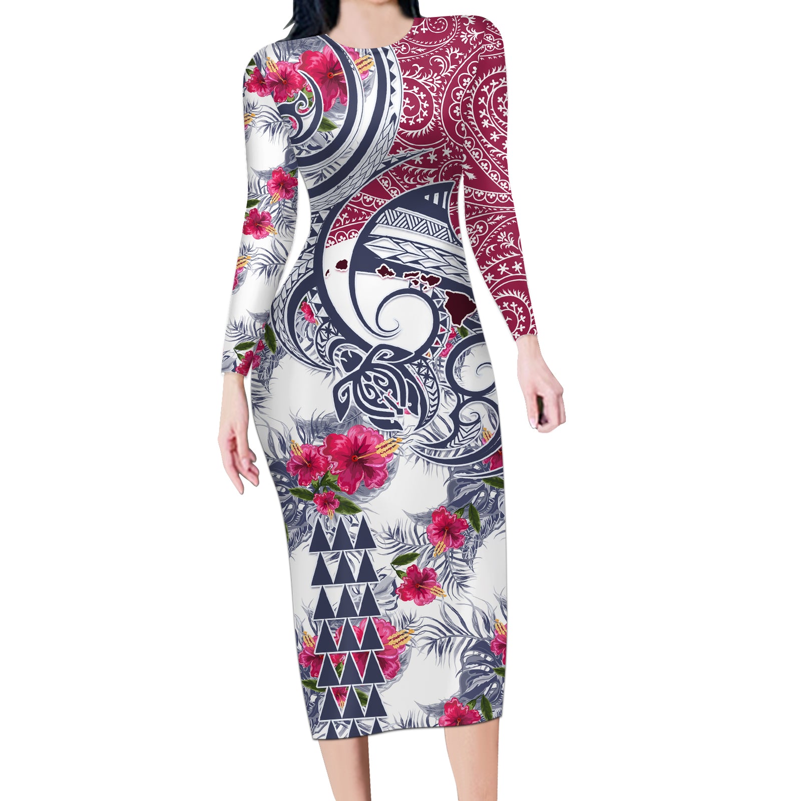 Hawaii Kakau Mix Paisley Pattern Long Sleeve Bodycon Dress Polynesian Tropical Unique Style LT01 Long Dress White - Polynesian Pride