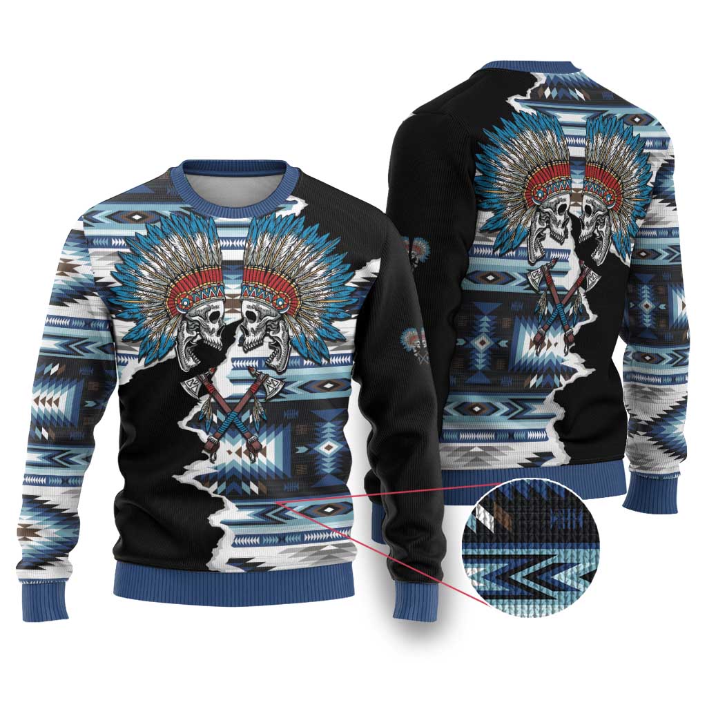 Native American Chief Skull With Axe Ugly Christmas Sweater LT01 Black - Polynesian Pride
