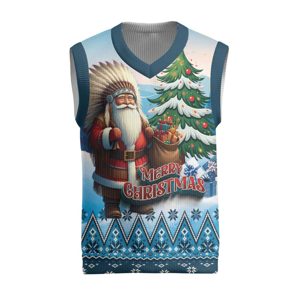 Personalized Native American Santa Claus Christmas Knitted V-Neck Vest Merry Christmas 2025 LT01 Blue - Polynesian Pride