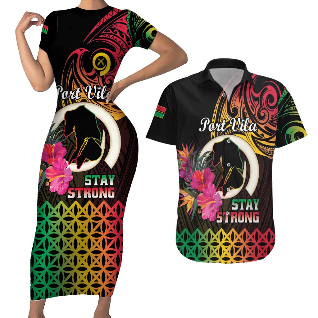 Personalised Vanuatu Port Vila Stay Strong Couples Matching Short Sleeve Bodycon Dress and Hawaiian Shirt Long God Yumi Stanap