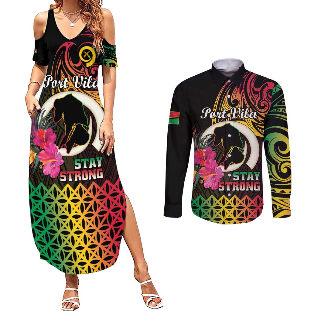 Personalised Vanuatu Port Vila Stay Strong Couples Matching Summer Maxi Dress and Long Sleeve Button Shirt Long God Yumi Stanap