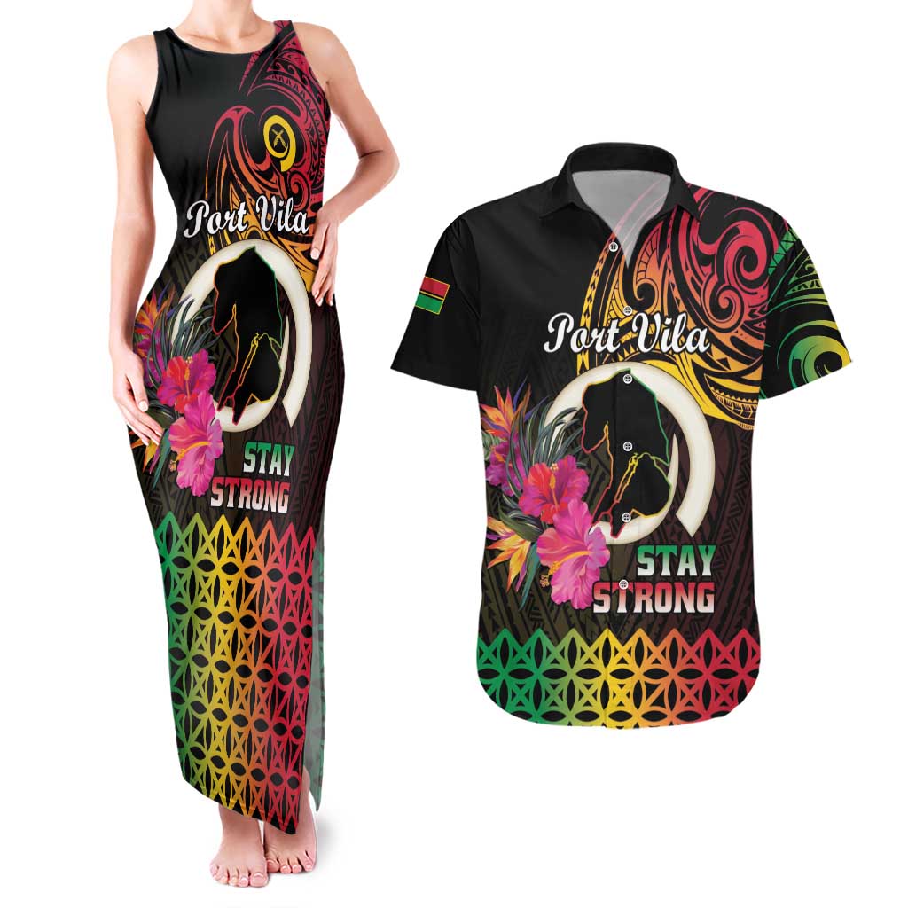 Personalised Vanuatu Port Vila Stay Strong Couples Matching Tank Maxi Dress and Hawaiian Shirt Long God Yumi Stanap