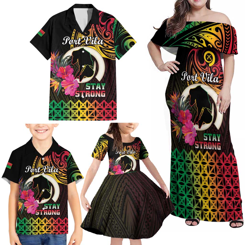 Personalised Vanuatu Port Vila Stay Strong Family Matching Off Shoulder Maxi Dress and Hawaiian Shirt Long God Yumi Stanap