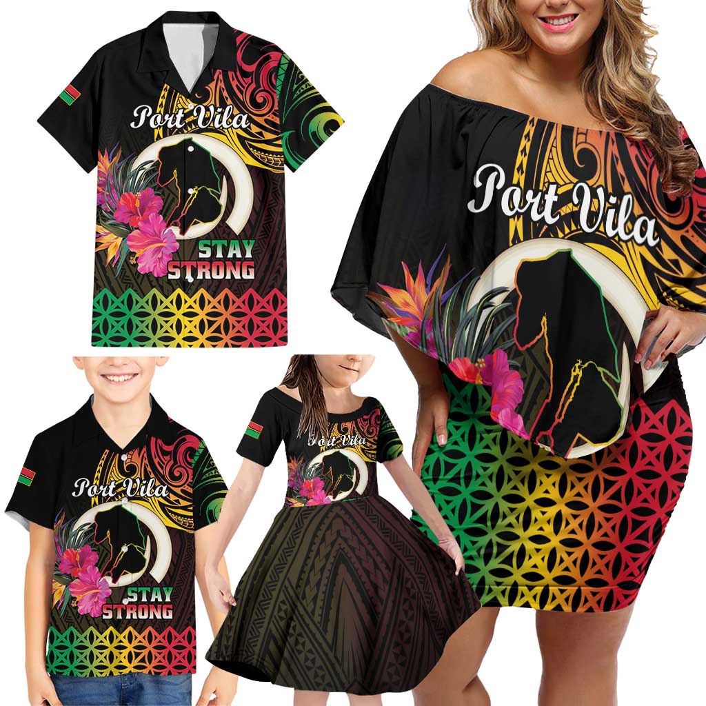 Personalised Vanuatu Port Vila Stay Strong Family Matching Off Shoulder Short Dress and Hawaiian Shirt Long God Yumi Stanap