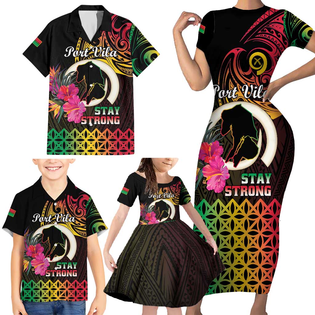 Personalised Vanuatu Port Vila Stay Strong Family Matching Short Sleeve Bodycon Dress and Hawaiian Shirt Long God Yumi Stanap