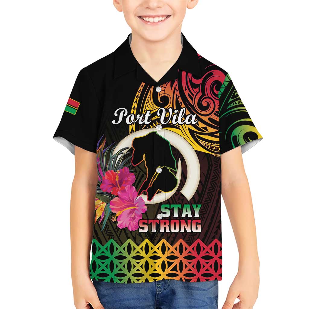 Personalised Vanuatu Port Vila Stay Strong Kid Hawaiian Shirt Long God Yumi Stanap LT01 Kid Black - Polynesian Pride