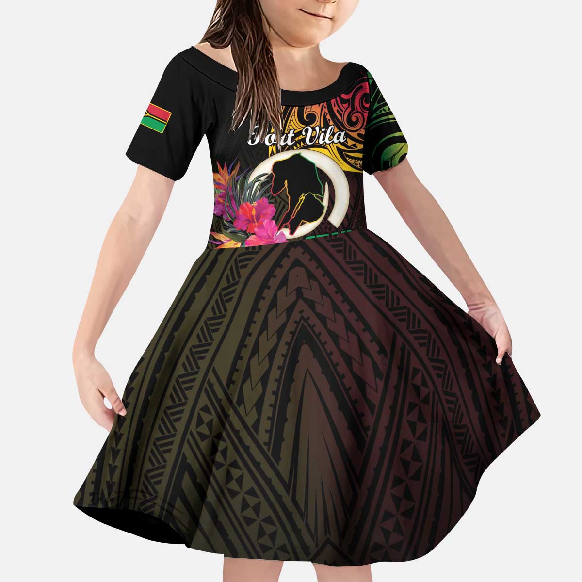 Personalised Vanuatu Port Vila Stay Strong Kid Short Sleeve Dress Long God Yumi Stanap LT01 KID Black - Polynesian Pride