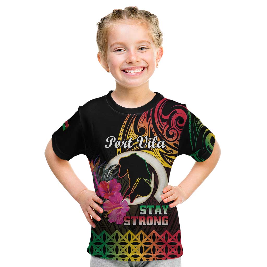 Personalised Vanuatu Port Vila Stay Strong Kid T Shirt Long God Yumi Stanap LT01 Black - Polynesian Pride