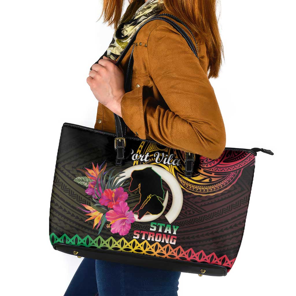 Vanuatu Port Vila Stay Strong Leather Tote Bag Long God Yumi Stanap LT01 Black - Polynesian Pride