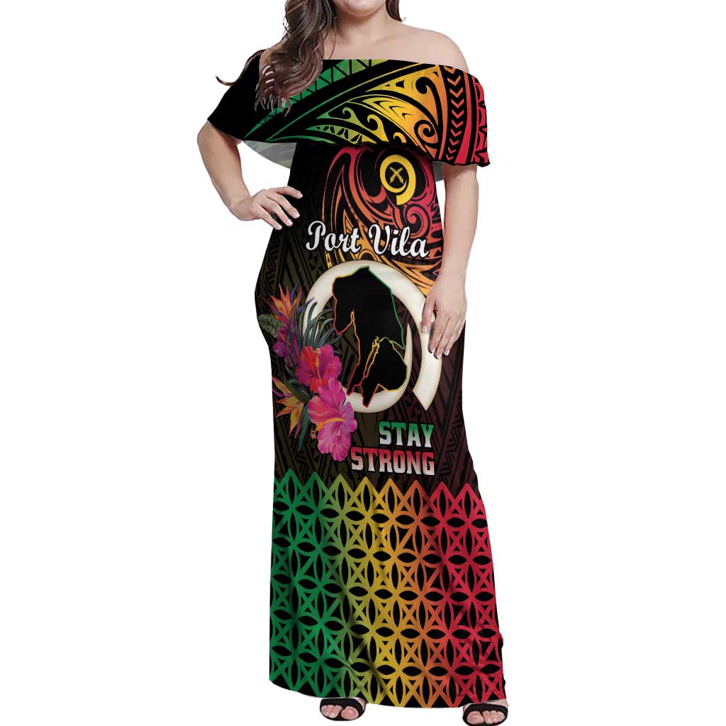 Personalised Vanuatu Port Vila Stay Strong Off Shoulder Maxi Dress Long God Yumi Stanap LT01 Women Black - Polynesian Pride