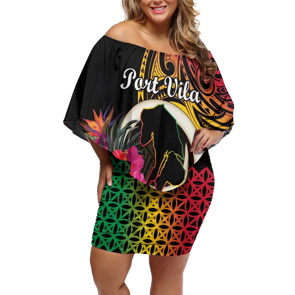Personalised Vanuatu Port Vila Stay Strong Off Shoulder Short Dress Long God Yumi Stanap LT01 Women Black - Polynesian Pride